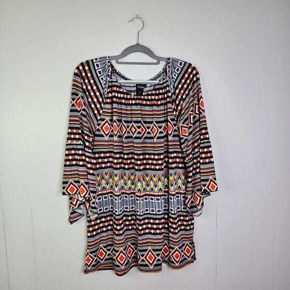 Ali Miles Printed Aztec Geometric Tunic Blouse Size Large Matte Jersey Stretch - Picture 2 of 13